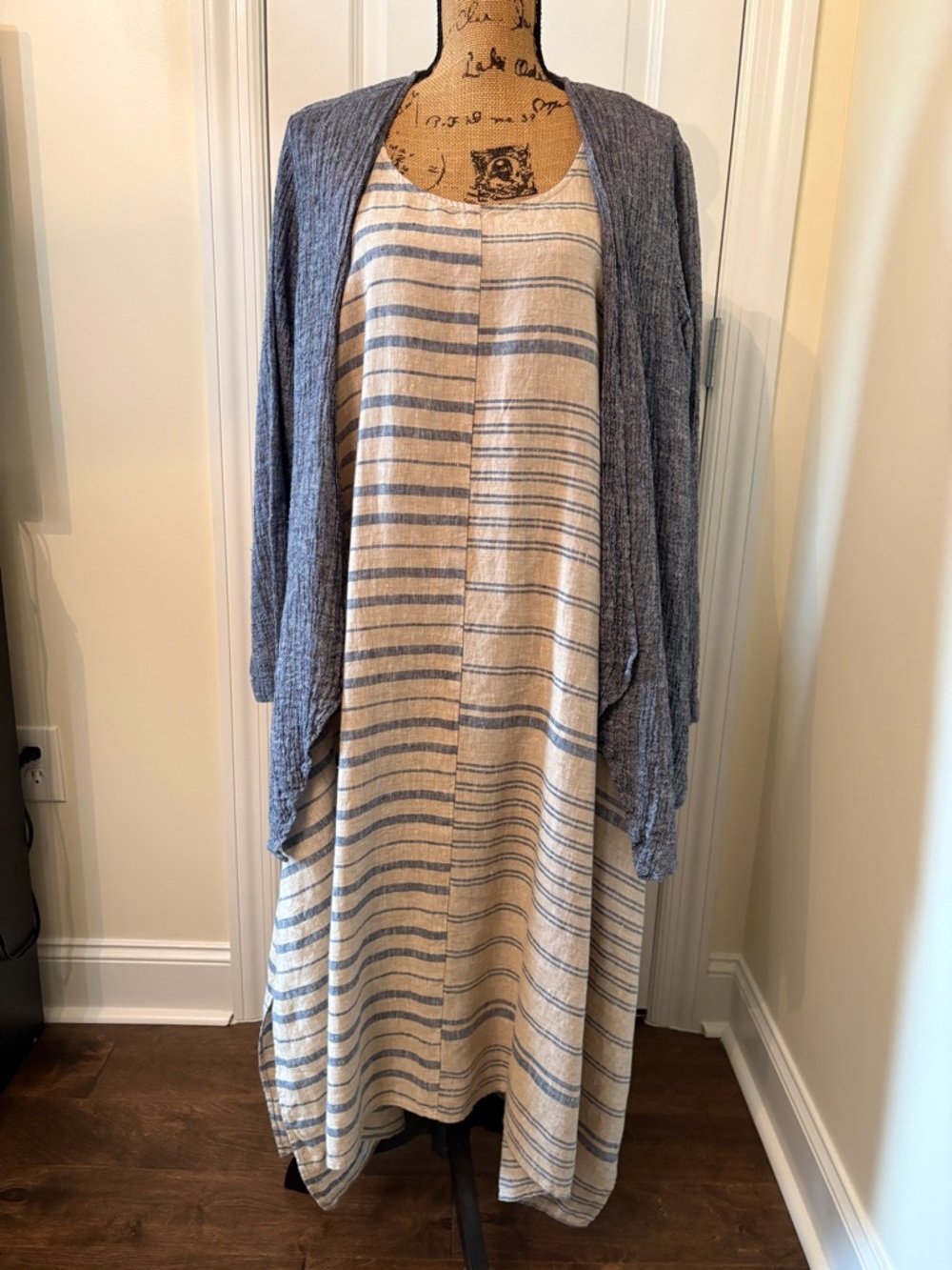 JJill Striped Linen Blend Maxi Dress with Slate Blue linen Cardigan